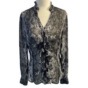 Worthington Black & Gray Snakeskin Print Ruffle Button-Down Blouse Sz Small Chic